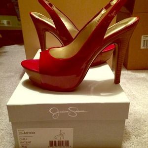 *cross posted* Red patent leather sling backs