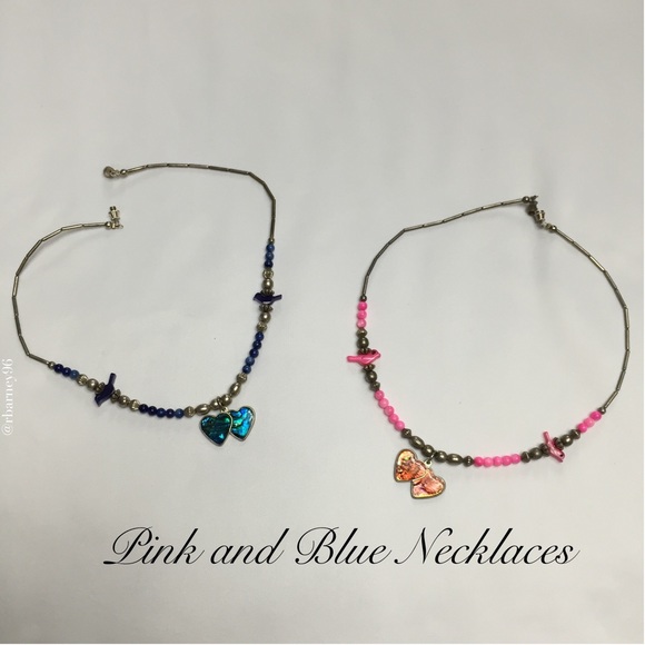 Double Heart Charm Blue/Pink Vintage 90s Necklace - Picture 2 of 3