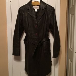 Chocolate Brown Leather Trench Coat w/ Gloves