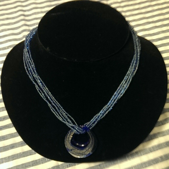 Blue glass pendant and bead  necklace