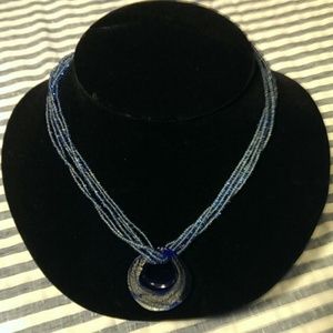 Blue glass pendant and bead  necklace