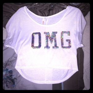 White silver/rainbow sequin "OMG" cropped shirt