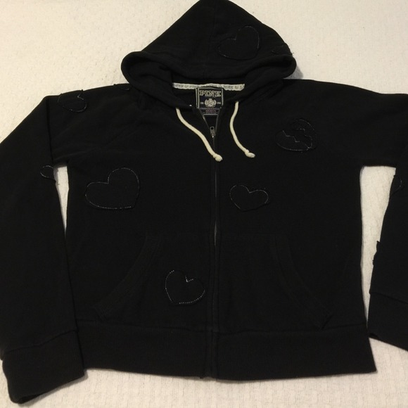 Black silver heart detail zip hoodie