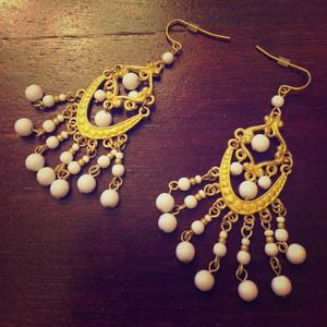 Gold and White Beaded Chandelier Earrings