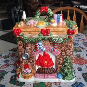Ceramic Christmas Fireplace Cookie Jar