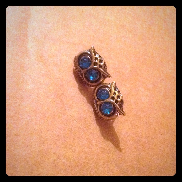 Silver blue jeweled owl earrings