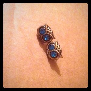 Silver blue jeweled owl earrings