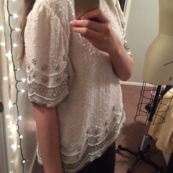Unknown Tops - Beaded White Top With Scalloped Sleeves