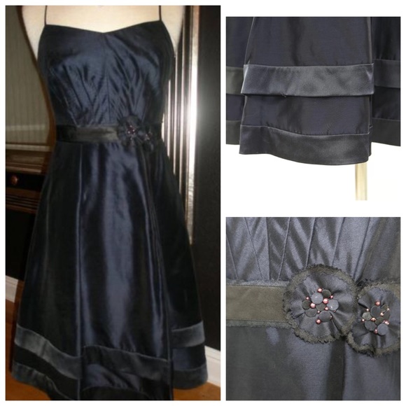 Kay Unger Navy Blue Silk Fitted Dress Flower 4 - Picture 2 of 4