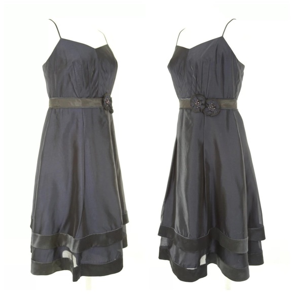 Kay Unger Navy Blue Silk Fitted Dress Flower 4 - Picture 3 of 4