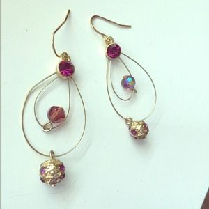 Purple gem and bead gold drop earrings