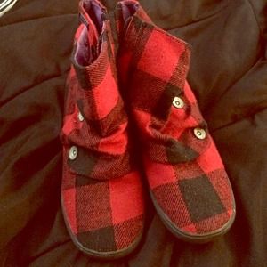 Blowfish black and red plaid ankle boots.