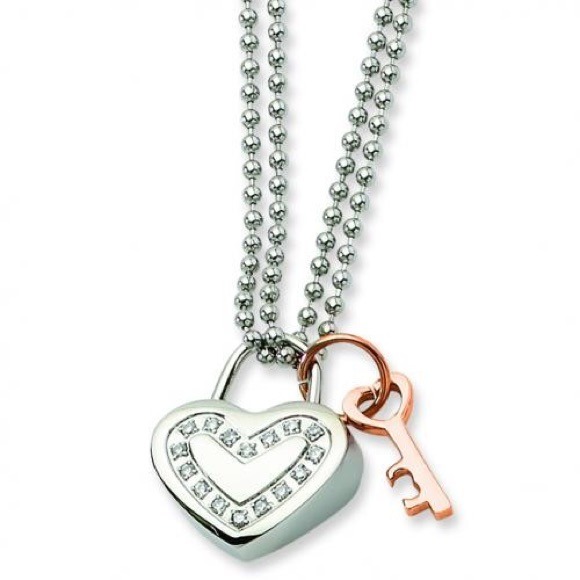 Stainless Steel Heart CZ & Rose Gold Plated Key