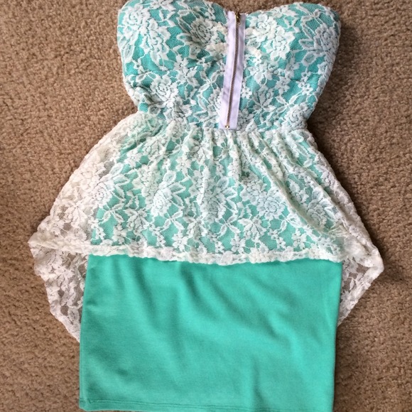 Strapless mint green dress with white lace on top