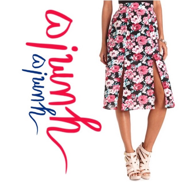 Floral Print DoubleSlit Midi Skirt