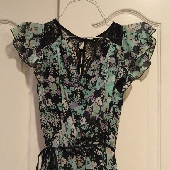 Black and Floral Flutter Sleeve Dress