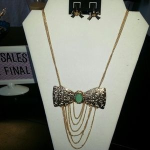 New mint bow layered chain necklace with earrings