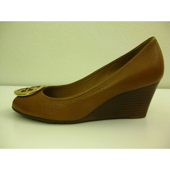 Tory Burch Sally Peep Toe Wedge Brown Leather Gold
