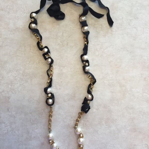 J Crew Long Pearl/Black Ribbon Necklace