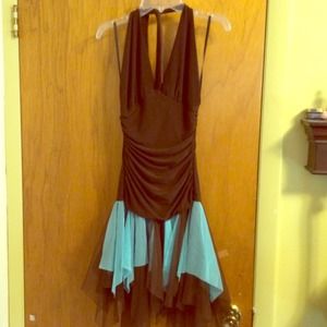 A brown dress with blue and brown ruffled bottom.