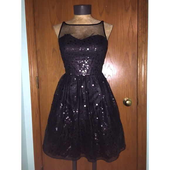 Black Sequin Dress with Mesh Top and Keyhole Back