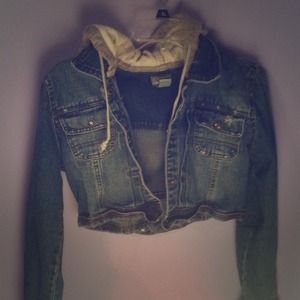 Mid Length Denim Jacket With Sweatshirt Hood