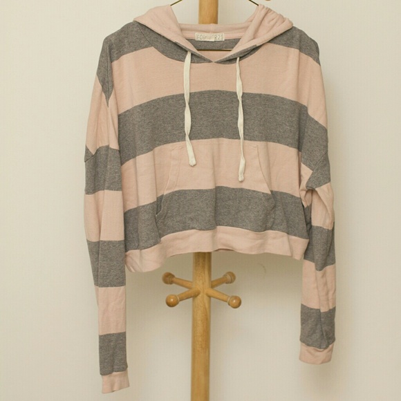 Forever21 Hoodie Crop Top Pink & Grey Stripes
