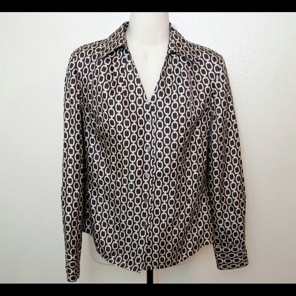 Ann Taylor Petites Brown and White Silk Blouse 4P