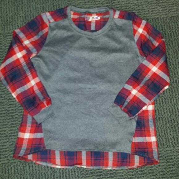 Plaid grey & flannel high low shirt