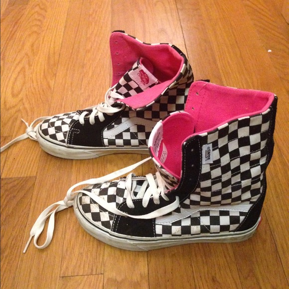 pink and white checkered high top vans