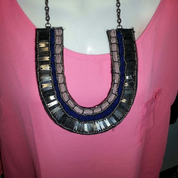 New silver blue lavender bib necklace