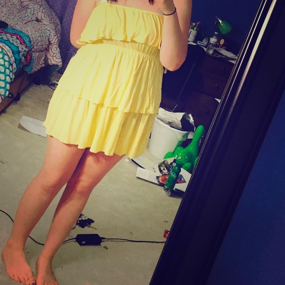 Short strapless yellow summer dress