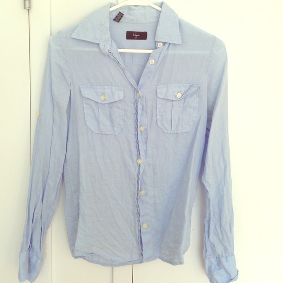 Blue linen collared button down shirt