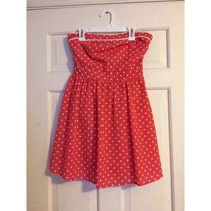 Coral Polka Dot Strapless Back Tie Dress👗