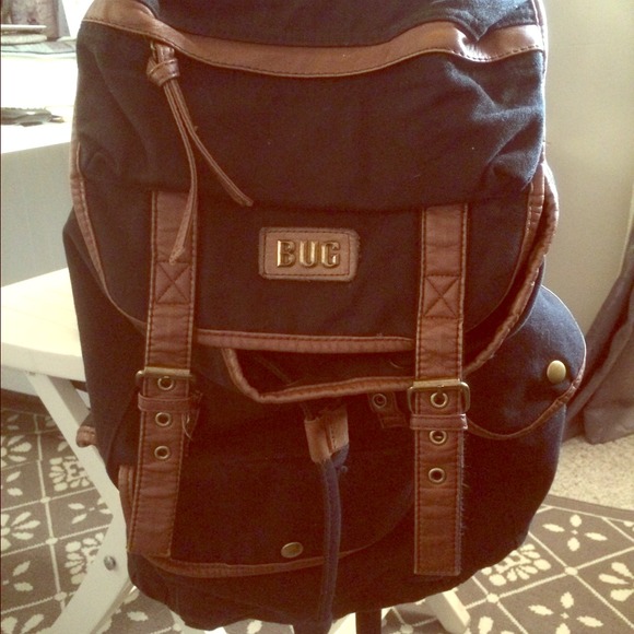 Black BUG backpack, dark brown leather straps!