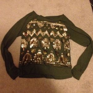 An army green and gold sequenced top