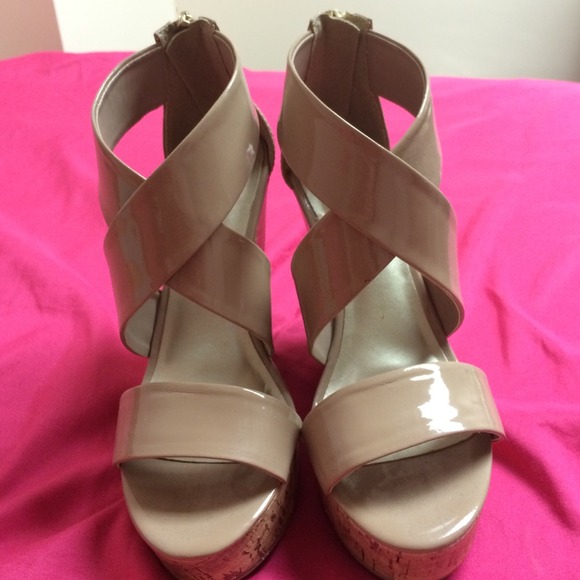 Nude strap cork wedge