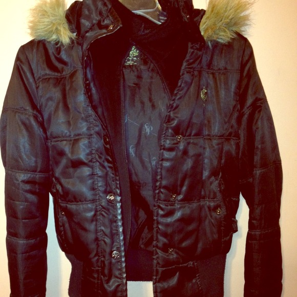 South Pole Black Fur Hood Puffer Jacket Size S