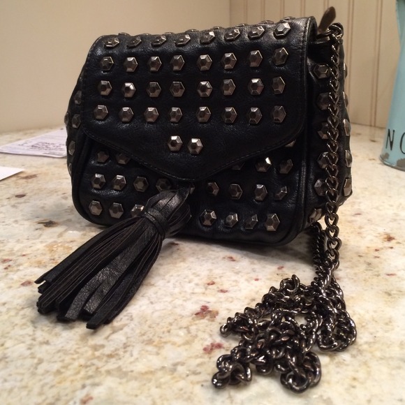 Black leather crossbody bag with studs