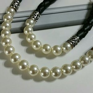 2pc Set New Leather Pearl Sterling 925 Necklace Bracelet