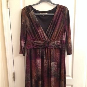 Evan Picone faux wrap dress brown, cream & plum
