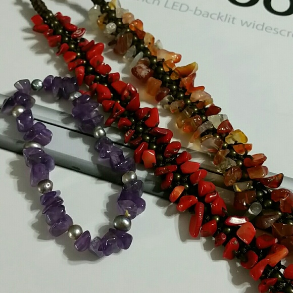 Set of 3 Stone Bracelets Purple Amber Red Agate - Picture 1 of 4