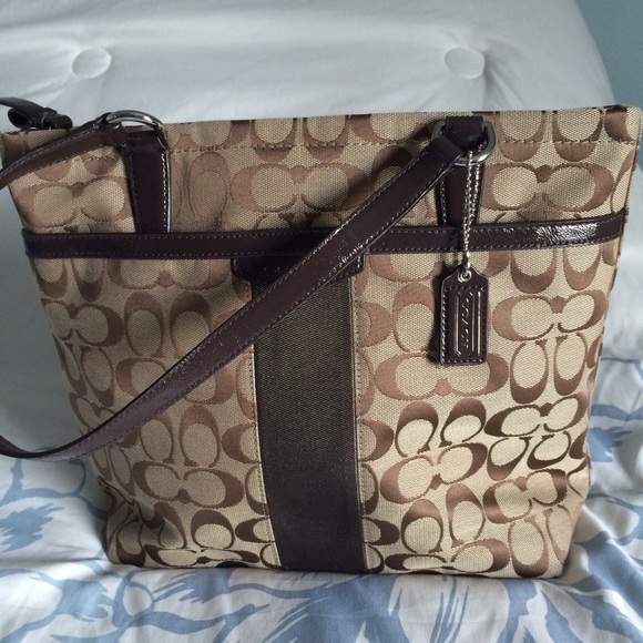 Coach Handbags - Coach Signature Stripe Tote Shoulder Bag Brown