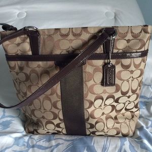 Coach Signature Stripe Tote Shoulder Bag Brown