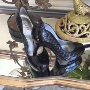 Black faux croc pumps