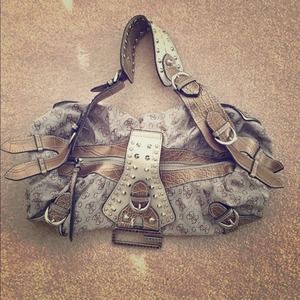 Guess Rhinestone Embellished Purse gold cream tan