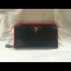 Prada Saffiano black vernis zippy wallet