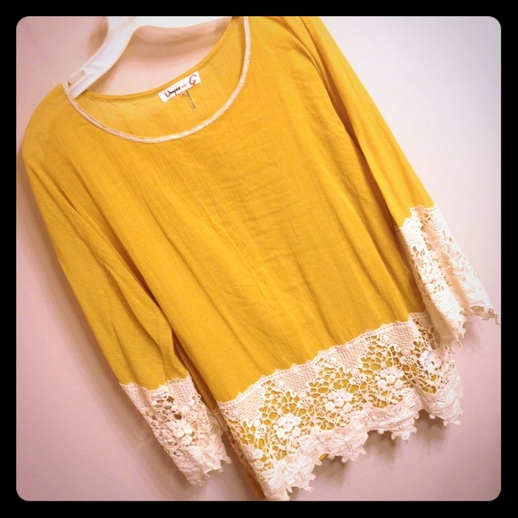 Mustard Tunic with crochet sleeves.