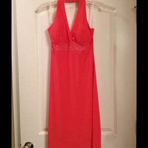 Coral halter dress.