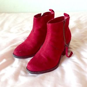 Red ankle boots with stacked heels